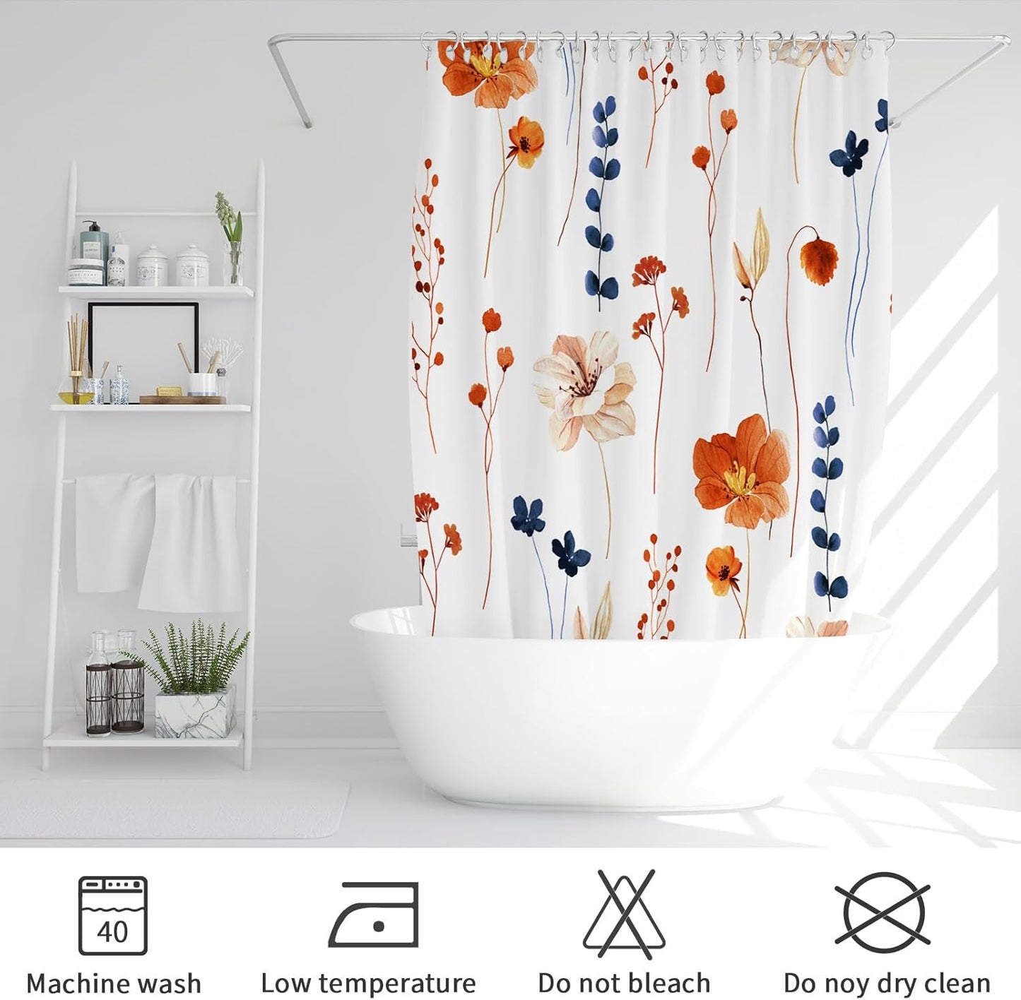 Gibelle Watercolor Floral Shower Curtain, Retro Orange Navy Flower Shower Curtain for Bathroom, Modern Minimalist Aesthetic Waterproof Fabric Shower Curtain Set with Hooks 72x72 Inch