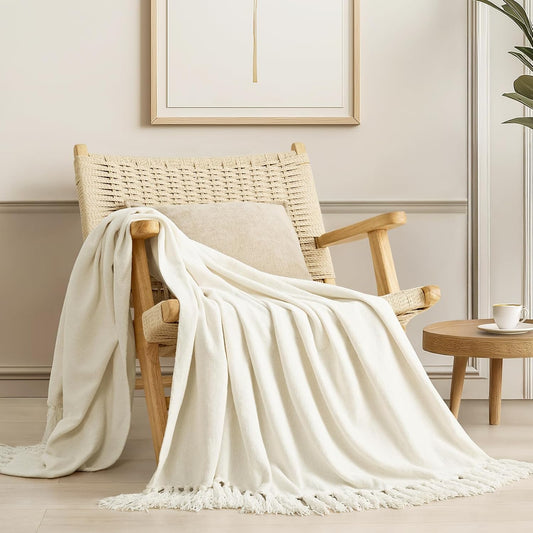 EverGrace Soft Chenille Throw Blanket for Couch, Cozy Plush Fuzzy Decorative Chenille Knit Throw Blanket with Tassels, Lightweight Blanket and Throws for Bed Sofa Gift Home Decor, Ivory White 50"x60"