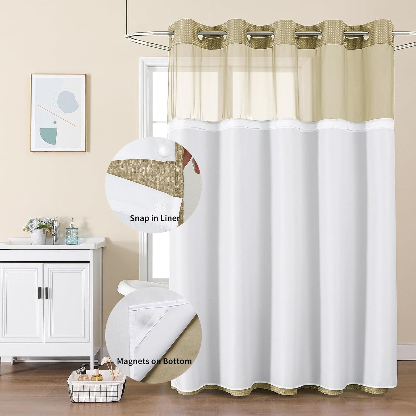 Colorful Star No Hook Waffle Shower Curtain with Snap in Fabric, Waterproof Shower Curtains with See Through Top Window, Hotel Luxury Heavy Duty Bathroom Curtain and Liner Set, 72'' x 75'', Beige
