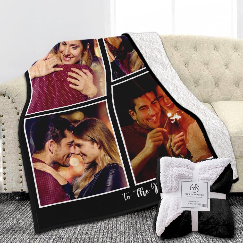 Custom Sherpa Fleece Blanket with Photos, Text, Soft, Warm, Fuzzy Personalized Couples Gifts for Boyfriend, Girlfriend