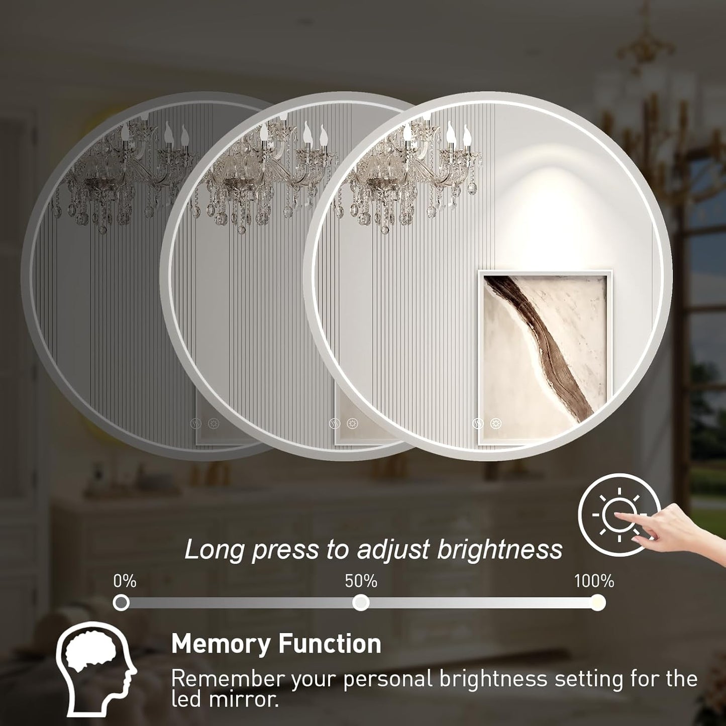 32" Round LED Bathroom Mirror, Dimmable Anti-Fog Vanity Mirror with Touch Control, 6000K Natural Light, Silver Metal Frame, Wall Mounted for Makeup Shaving (IP54, 90+ CRI)