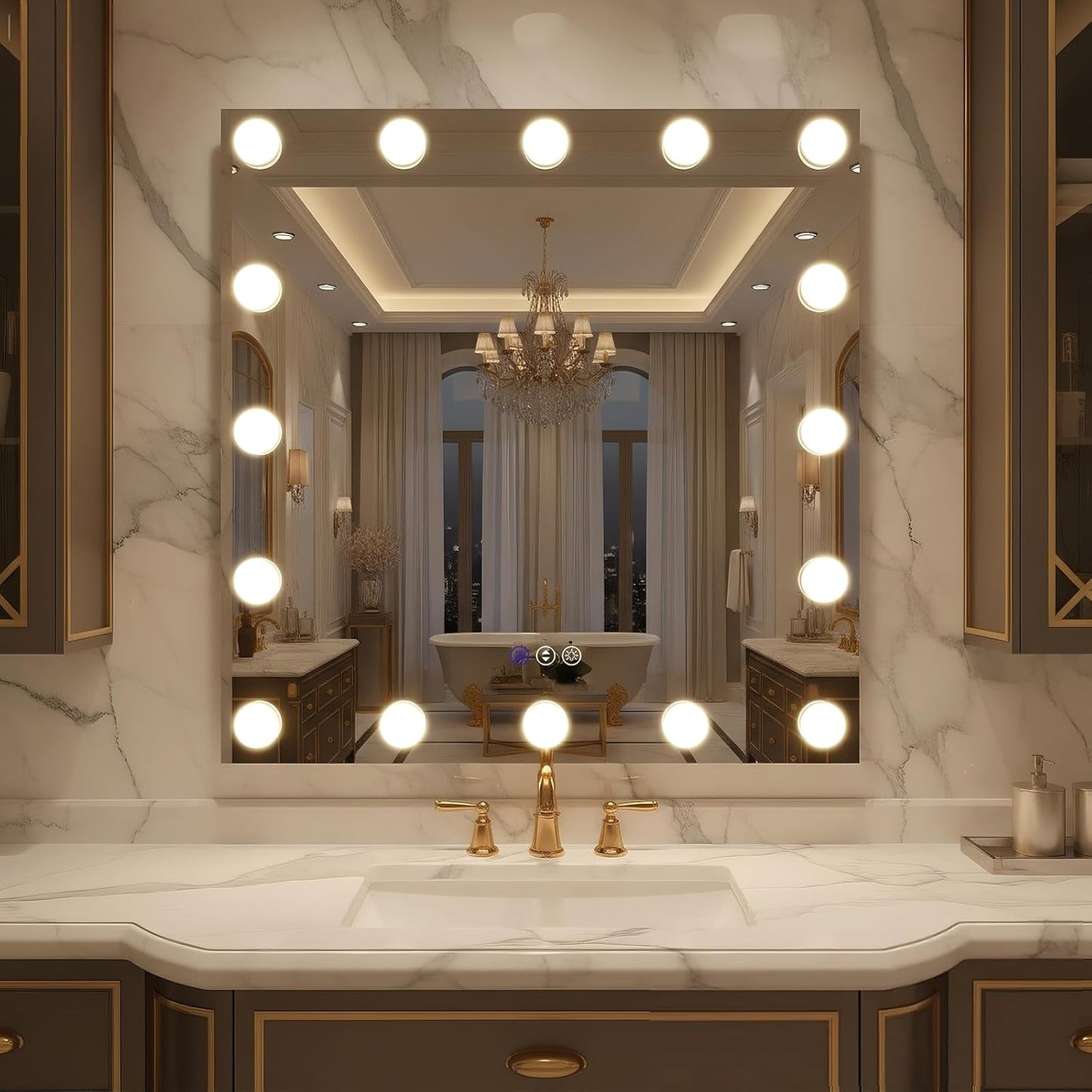 32x32 Hollywood LED Bathroom Mirror with LED Bulbs, Colors Changeable & Brightness Dimmable, Anti-Fog Mirror, Shatter-Proof, Memory, Touch Screen Mirror, Wall Mounted, Horizontal/Vertical