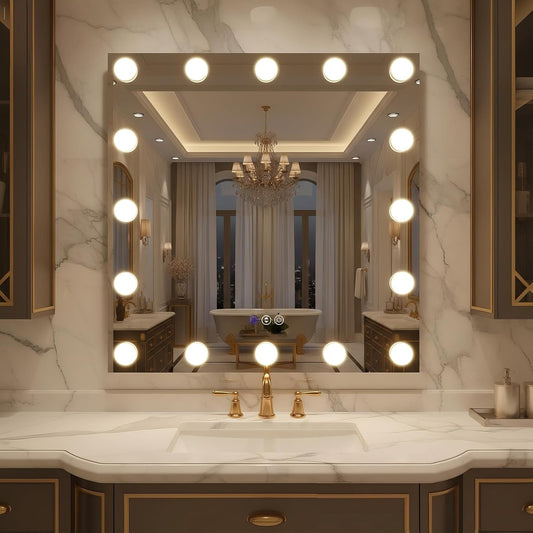 32x32 Hollywood LED Bathroom Mirror with LED Bulbs, Colors Changeable & Brightness Dimmable, Anti-Fog Mirror, Shatter-Proof, Memory, Touch Screen Mirror, Wall Mounted, Horizontal/Vertical