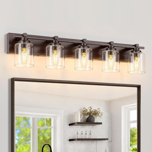 5 Light Modern Bathroom Light Fixtures Over Mirror, Bronze Finish Vanity Lights for Bathroom Wall Sconces with Clear Glass Shades, E26 Socket (Bulbs Not Included)