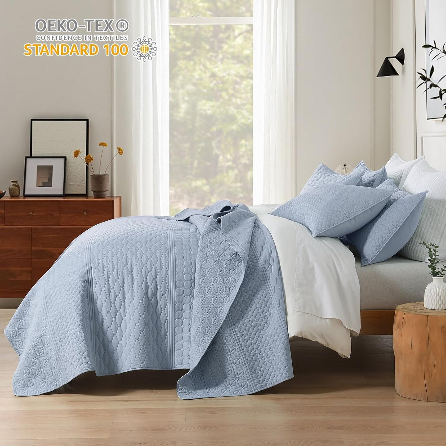 HORIMOTE HOME Light Blue Queen Size Quilt Set - Soft Microfiber Bedspread with 2 Shams, Lightweight & All-Season Geometric Coverlet for Cozy Bedding