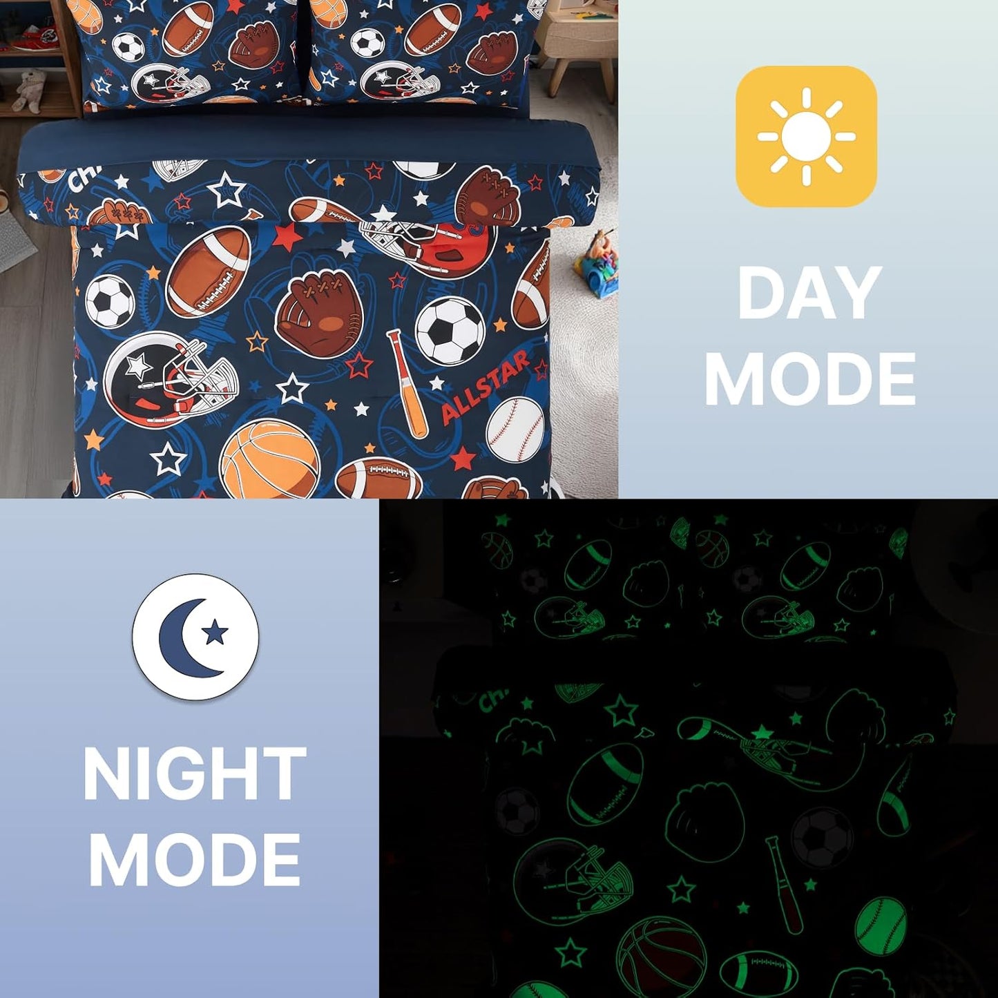 Full Size Comforter Set for Boys-7 Pieces Sports Ball Games Glow in The Dark Full Bedding Sets for Kids, Ultra Soft Bed in A Bag with Sheets