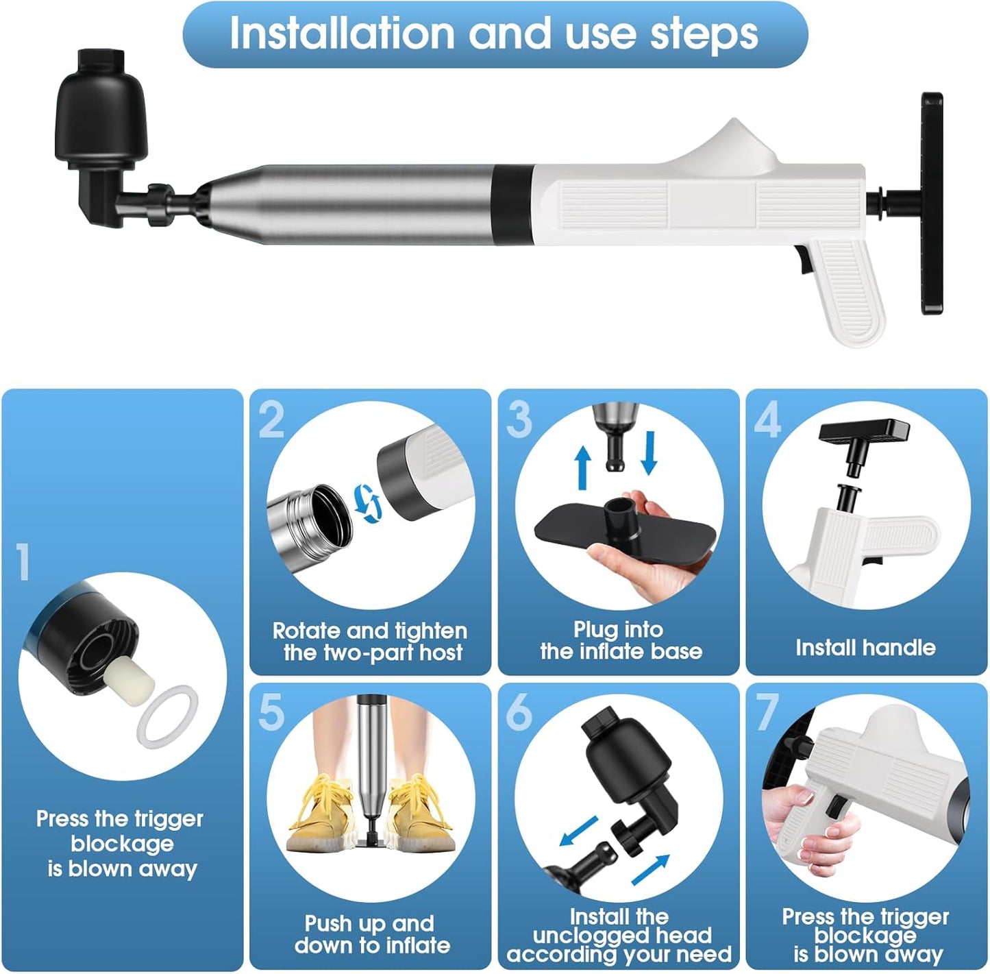 TheElves Toilet Plunger Heavy Duty Pro, Electric High Pressure Toilet Clog Remover Tool, Powerful Bathroom Plunger with Holder for Drain Cleaning - White