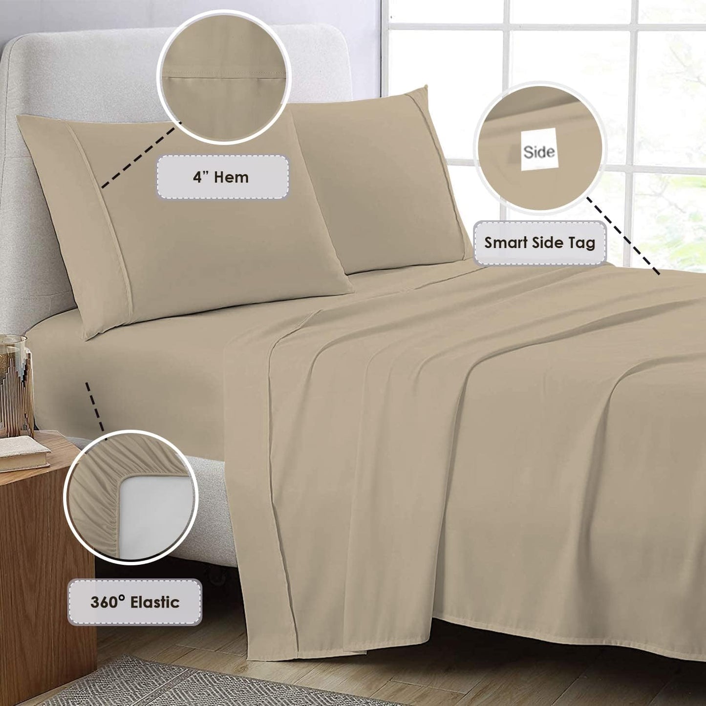 Pizuna Pure 100% Cotton Sheets Full Size, 800 Thread Count Long Staple Cotton Crisp Sateen Sheets Full with 15in Deep Pocket (Combed Simply Taupe)