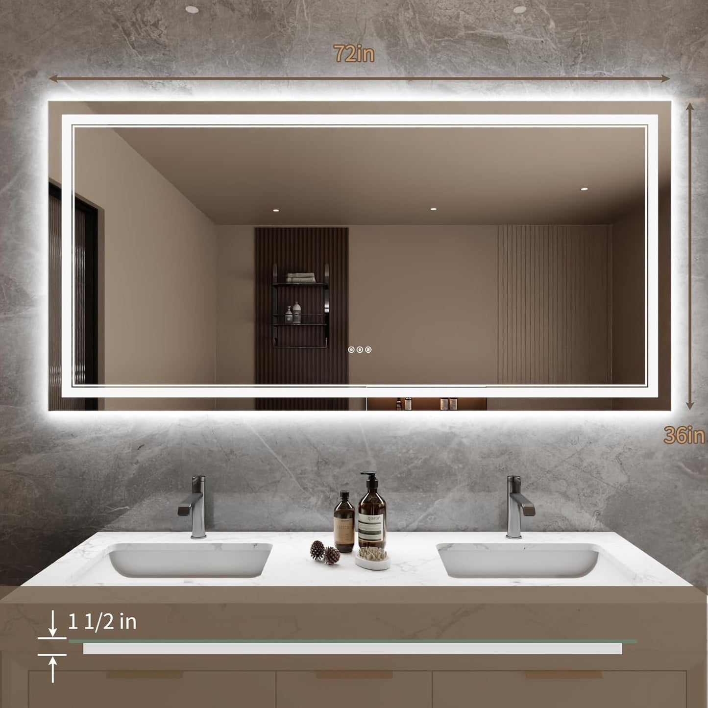 Bathroom Mirror with Lights 36"X72" with Front Light and Backlit, Tempered Glass, Wall Mount Horizontal/Vertical, Stepless Dimmable, 3 Colors, Anti Fog, Bathroom Memory LED Mirror