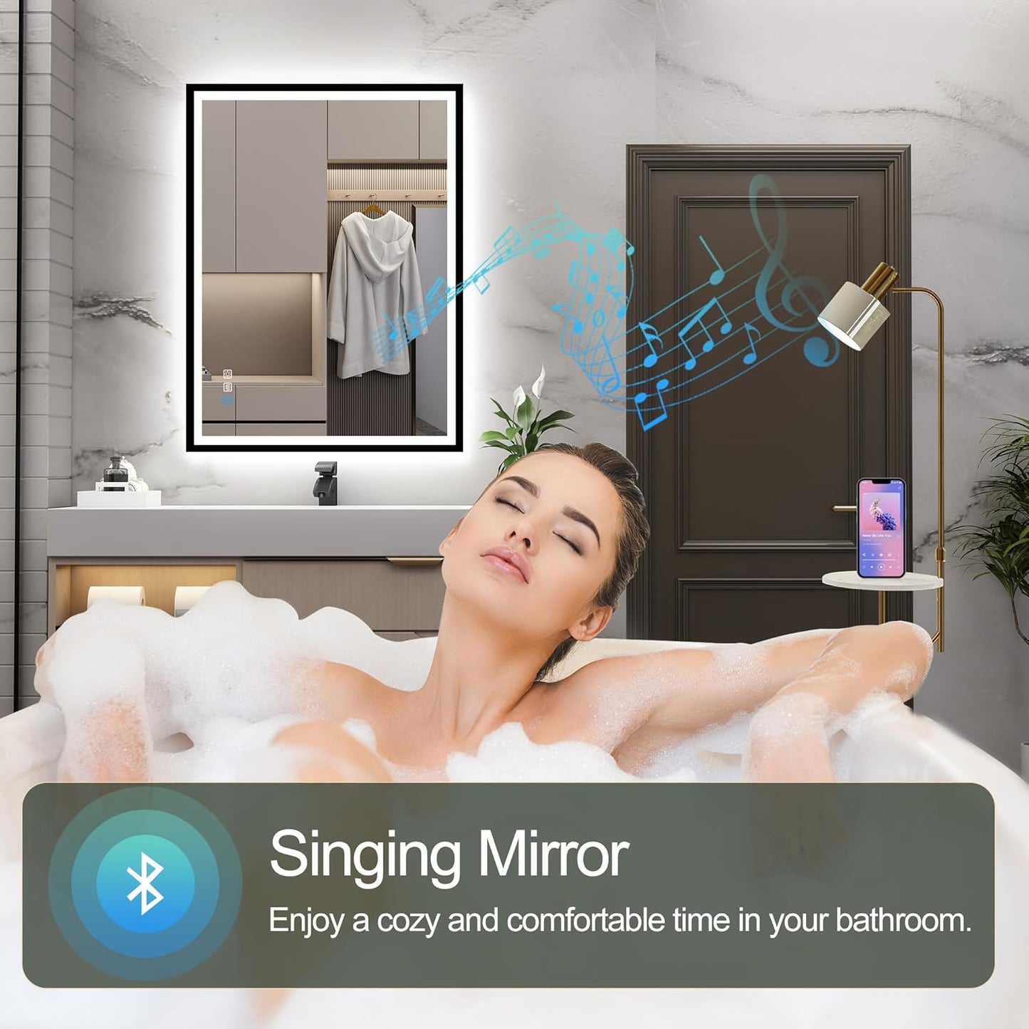 S·BAGNO 28''x20'' LED Bathroom Mirror with Lights, Bathroom Vanity Wall Mirror with Buletooth, Anti-Fog, Stepless Dimmable, 3 Colors, Tempered Glass Lighted Vanity Mirror for Bathroom