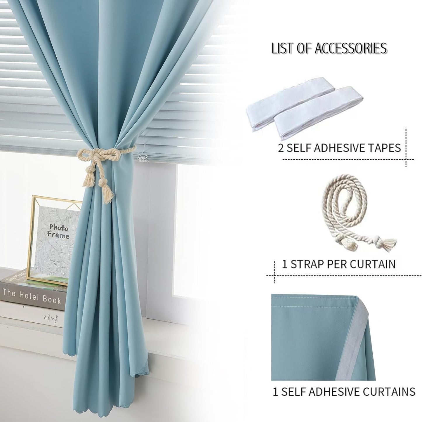 Self Adhesive Curtains, Portable Blackout Curtains Fabric Curtains for Living Room No Drilling, 59" W X 96" L, Lake Blue, 1 Panel