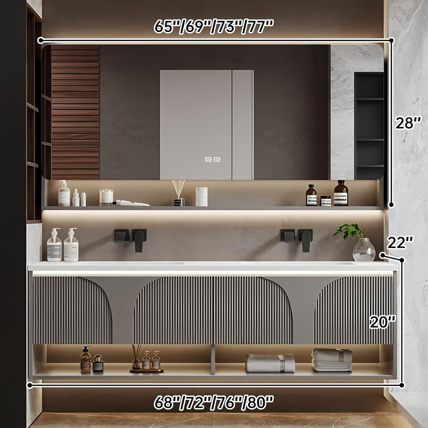 Double Bathroom Vanity with Sink, 72IN Floating Bathroom Vanity Set with Smart Defogging Mirror Cabinet and Open Shelf, Oak Wood Bathroom Cabinet with Two Drawers and Bottom Open Storage (Grey)