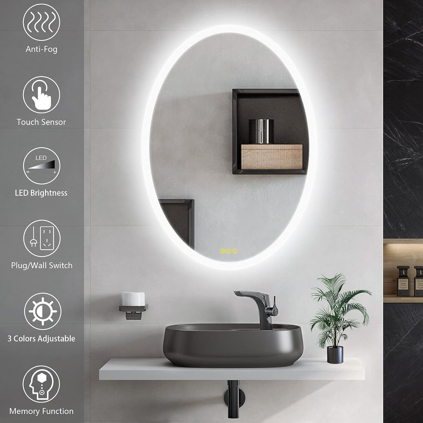 Wall-Mounted LED Oval Bathroom Mirror, Makeup Mirror (28 inches x 20 inches,) 3 Color Stepless Dimmable Memory Bathroom Vanity Mirror with Lights CRI90+ 3000-6400K Smart Mirror with Touch