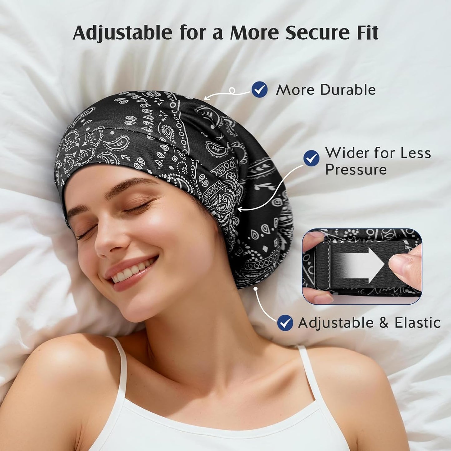 YFONG Print Pure Silk Lined Beanies for Women & Men, 22 MM Mulberry Silk Bonnet for Sleeping, Chemo Headwear, Adjustable Stay on Slouchy Hat Cap for Curly Long Hair & Braids, Black
