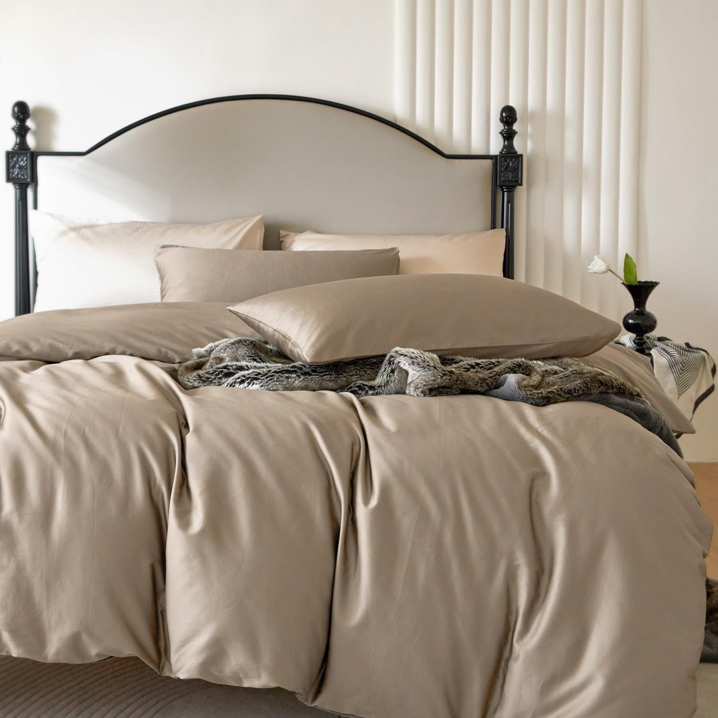 PURE ERA Duvet Cover Set King 800 Thread Count Long Staple Cotton Sateen Silky Soft Luxurious Smooth 3 Piece Set Dark Dessert Beige King