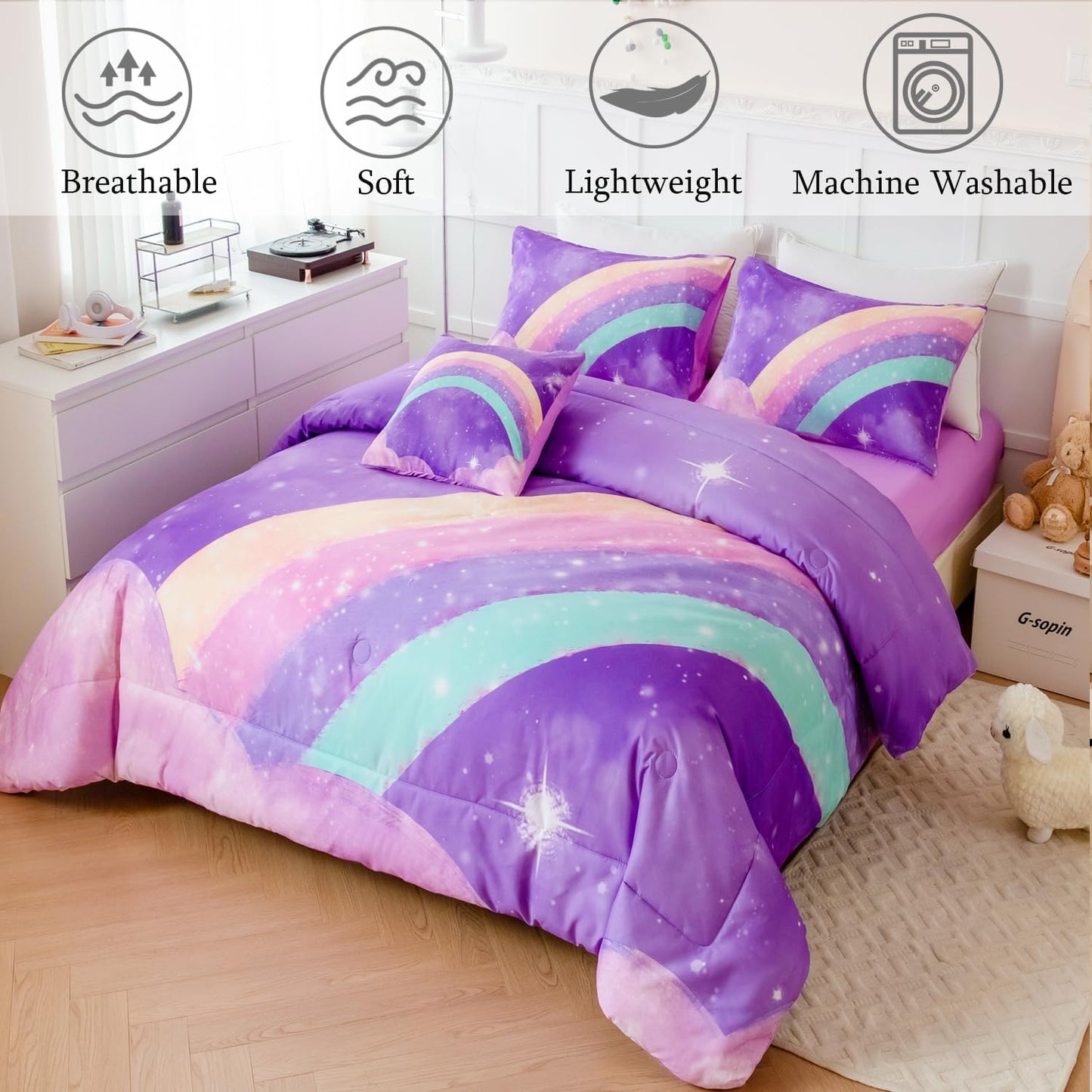 ANGIYUIN 6Pcs Gradient Purple Queen Size Comforter Set for Girls 3D Colorful Rainbow Galaxy Bed in A Bag Gradient Glitter Bedding Comforter Sets for All Season