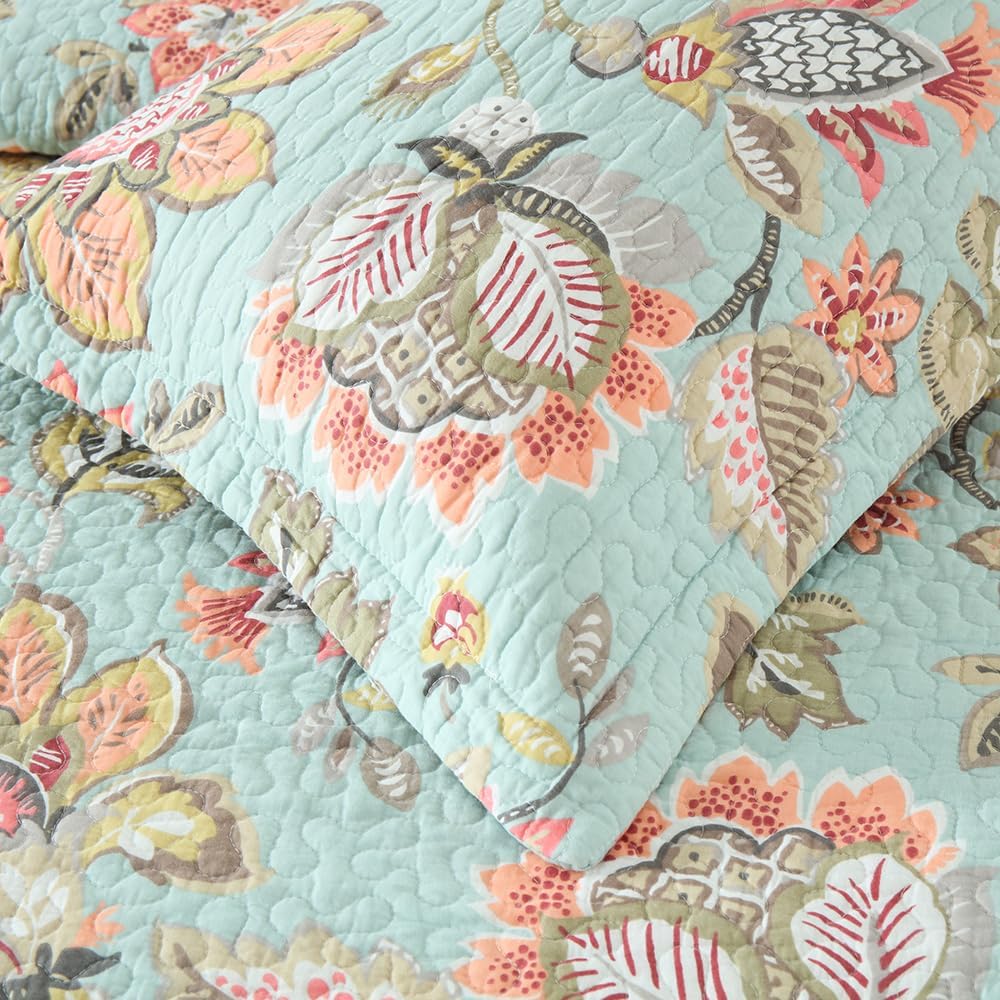 Cotton Bedspread Bedding Coverlet Quilt Sets, Reversible Vintage Branch Floral Bedspread comforters, (Vintage Floral Blue Pattern, Queen Size)