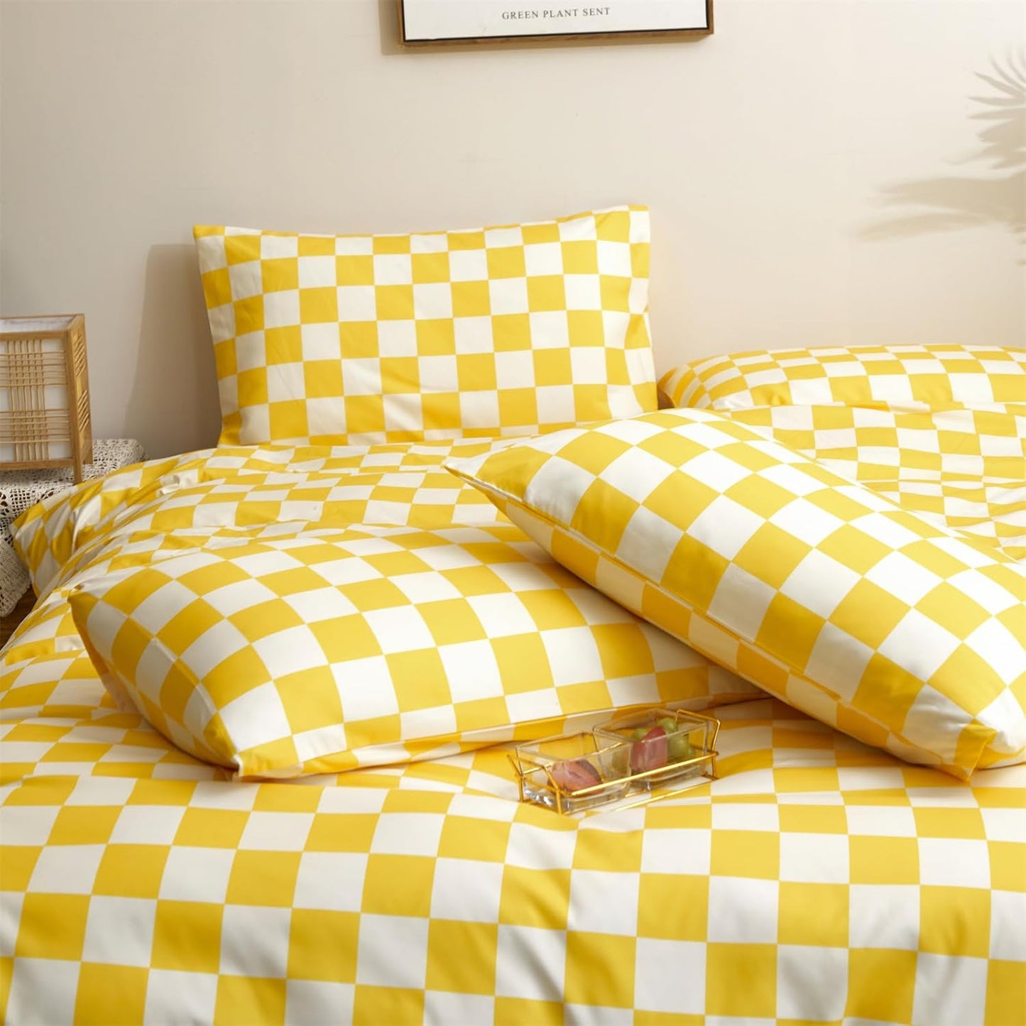 karever Yellow White Grid Comforter Set Full Yellow Plaid Bedding Set Girls Yellow and White Checkered Bed Comforter Set Breathable Blanket Set Kids Durable Bedding Comforter Set,Full(80''*90'')