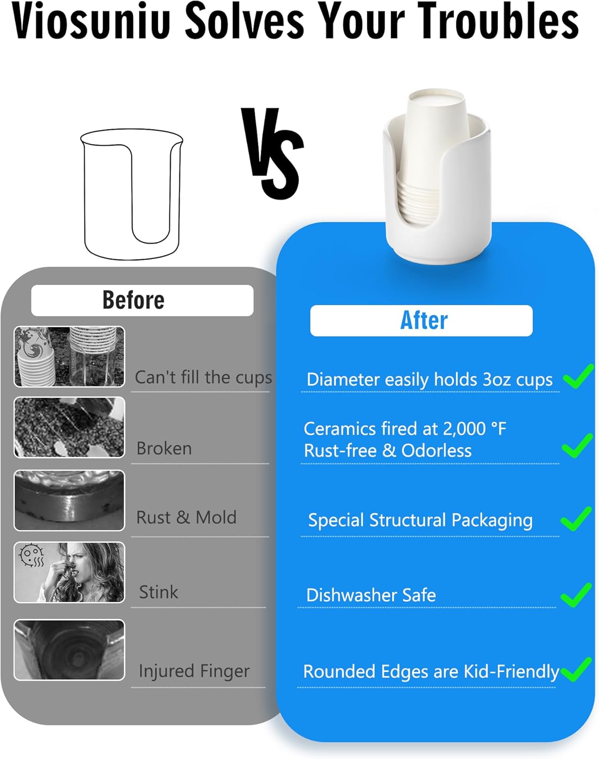 3 oz Original Ceramic Bathroom Cup Dispenser with 5 PLA Paper Cups, Bathroom Essential Accessories for Mouthwash Holder on Bathroom Vanity Countertops (2 Pack, White)