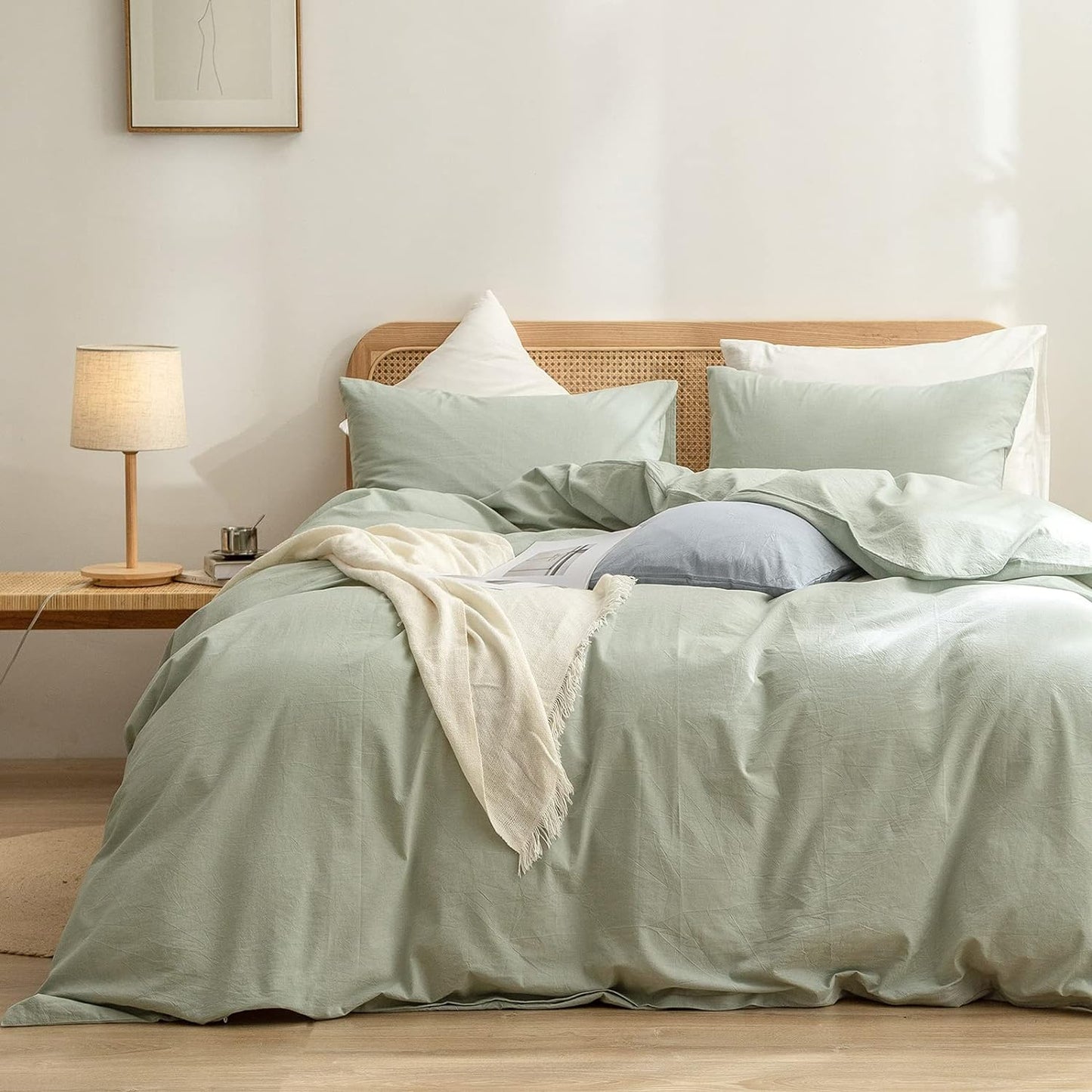 BESTOUCH Duvet Cover Set 100% Washed Cotton Linen Feel Super Soft Comfortable Chic Lightweight 3 PCs Home Bedding Set Solid Sage Green Oversized Queen