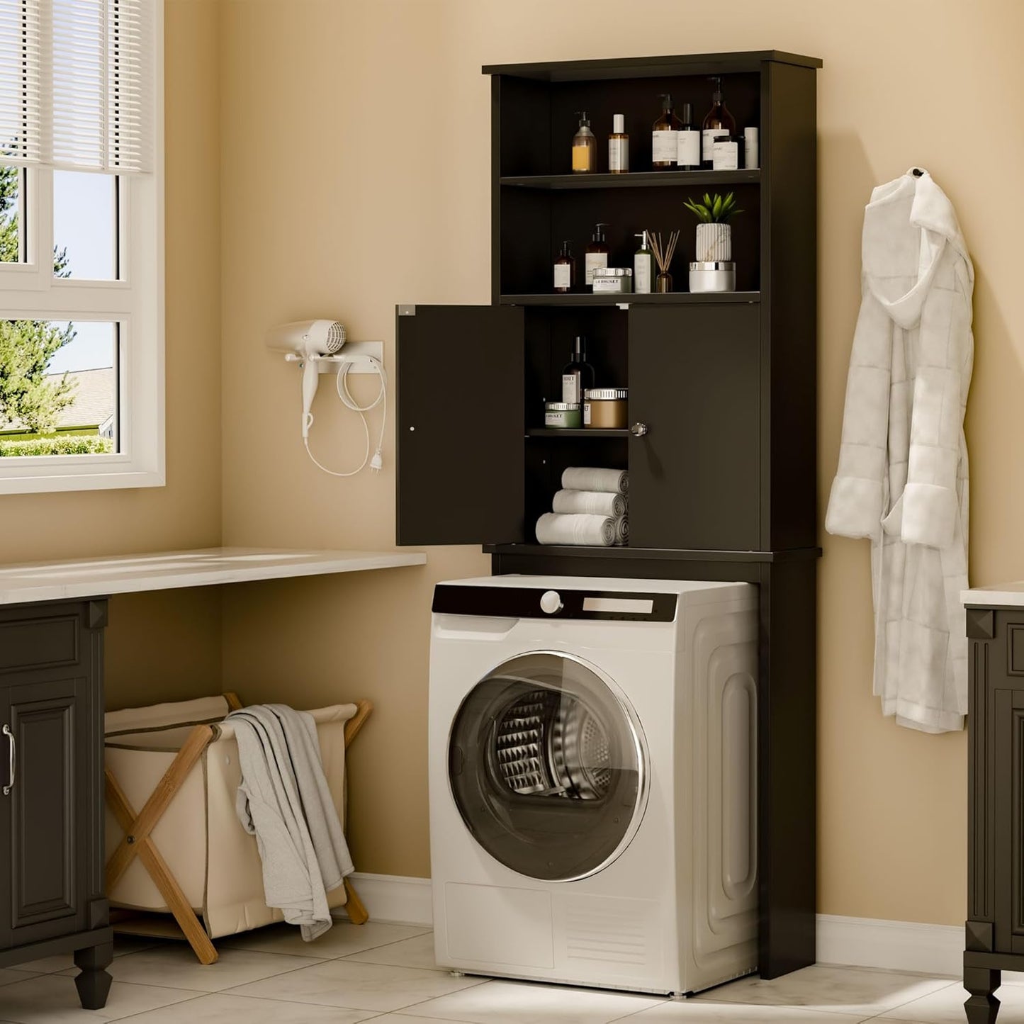 Walsunny Over The Toilet Storage Cabinet, Bathroom Organizer with Open Shelves and Double Doors, Space Saving Toilet Storage, Black