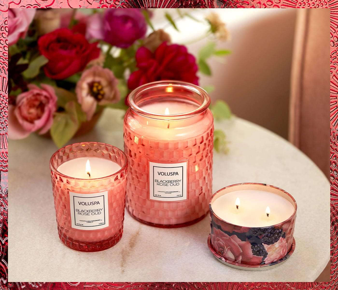 Voluspa BlackBerry Rose Oud Candle | Large Glass Jar Candle with Lid | 18 Ounces | 100 Hour Burn Time | Coconut Wax for Clean Burning | Handcrafted in The USA | Non-Toxic