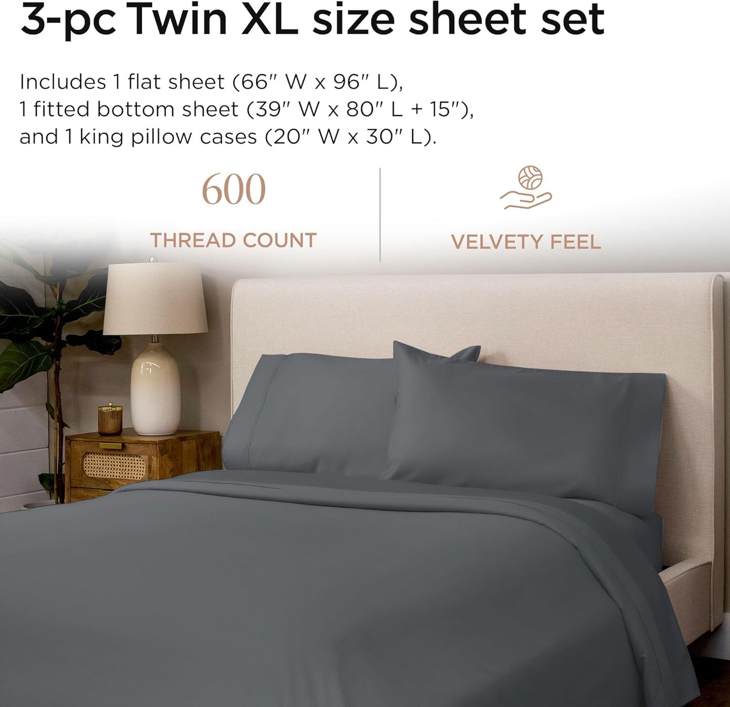 Threadmill 100% Cotton Sheets for Twin XL Size Bed - 600 Thread Count Twin XL Bed Sheets Set with 15” Deep Pocket - Sateen Weave 3-Piece Bedding Set with Cooling Effect, Dark Grey
