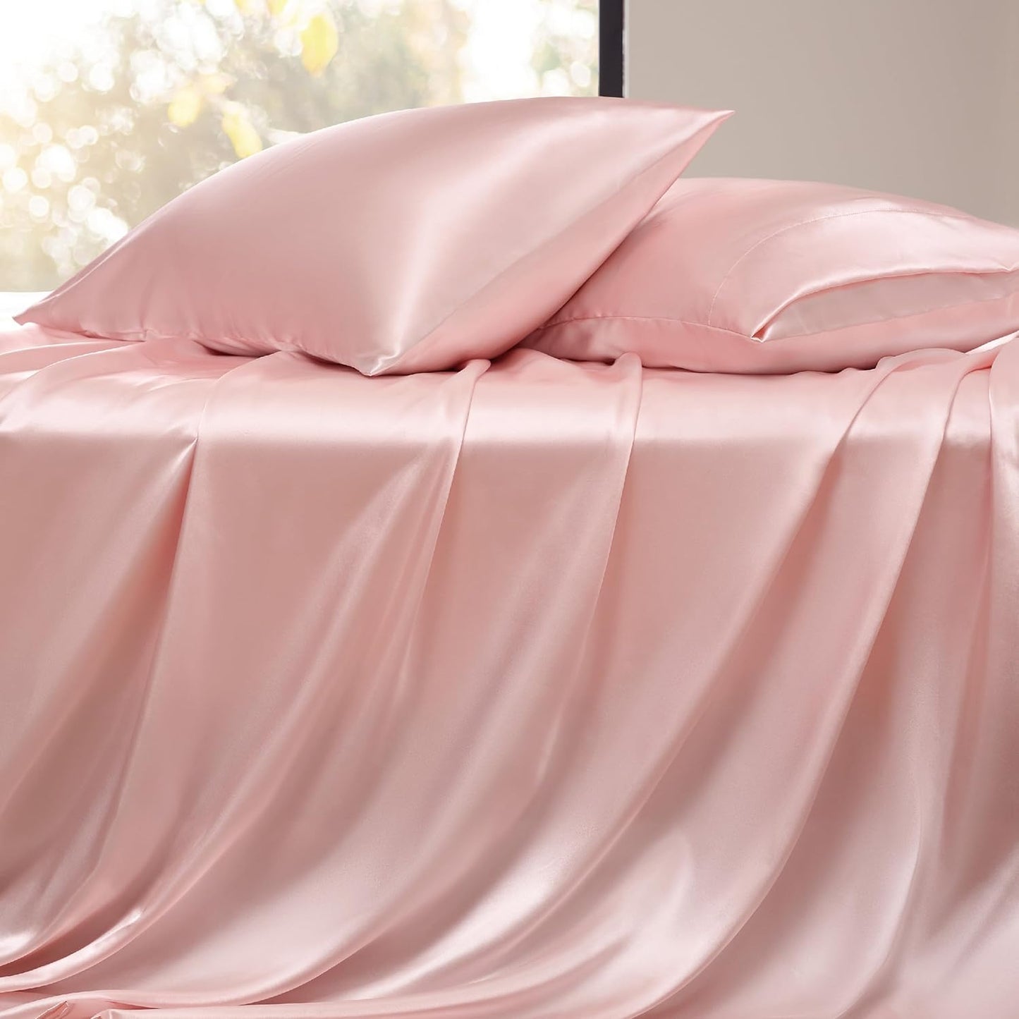 Bedsure Pink Satin Sheets Queen Size - 4 Piece Silky Bedsheets with 15 Inches Deep Pocket Fitted Bedsheet,1 Flat Sheet, 2 Satin Pillowcases, Good for Hair & Skin (Queen, Pink)
