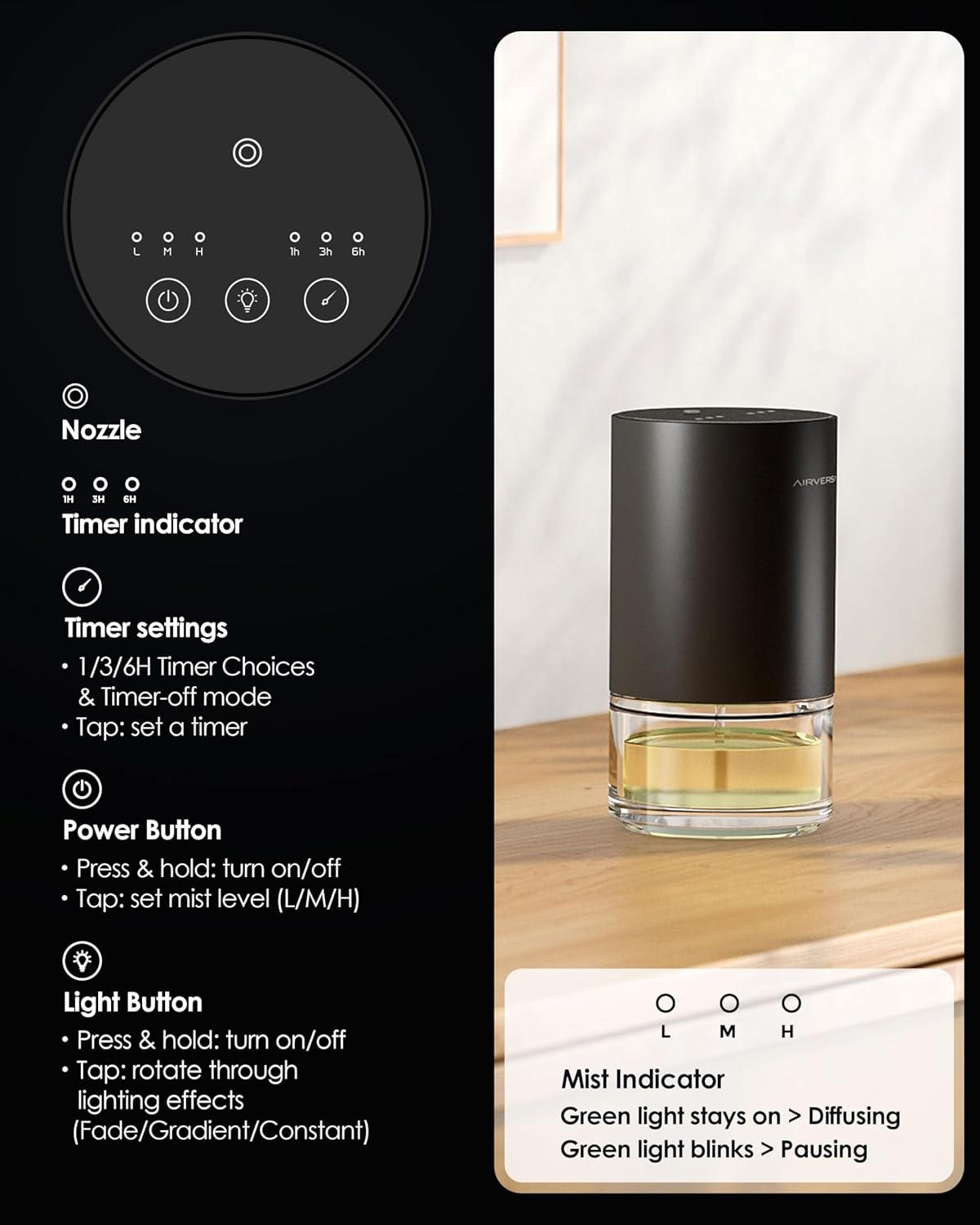 Airversa Essential Oil Diffuser Waterless Aromatherapy Diffusers for Home Large Room, Bedroom, Car, Office, Desk, Battery Operated, Small Diffuser for Pure Scent, 100mL Capacity, AN9 (Space Grey)