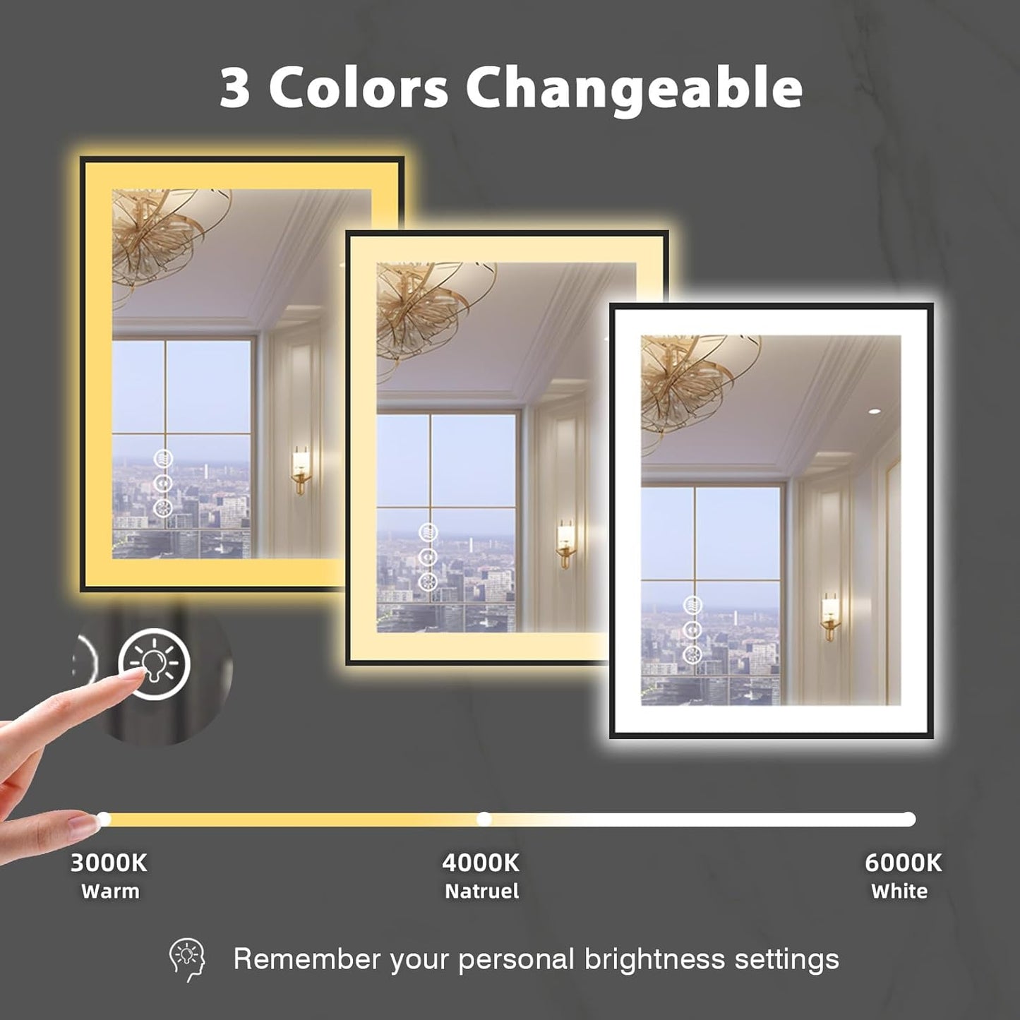 24x36 Bathroom LED Mirror, Black Aluminum Edge Lighted Mirror, 3 Colors Stepless Dimmable Vanity Mirror, Skincare, Anti-Fog, Shatter-Proof, ETL Listed, Memory Smart Mirror(Horizontal/Vertical)