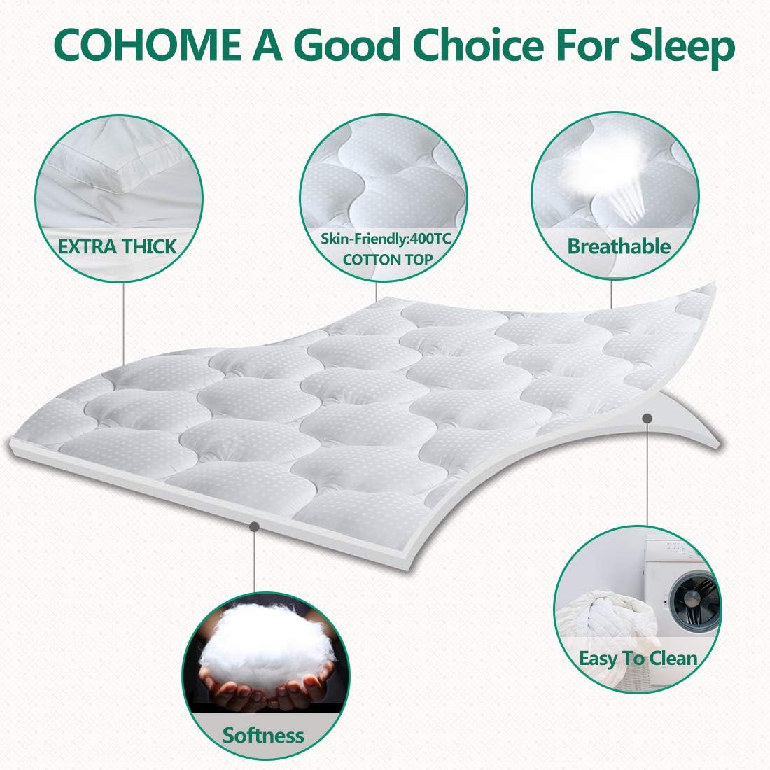 COHOME Mattress Topper Full 1300 GSM Extra Thick Cooling Mattress Pad 400TC Cotton Top Plush Down Alternative Fill Pillow Top Mattress Cover with 8-21 Inch Deep Pocket (54x75 Inches, White-Luxury)