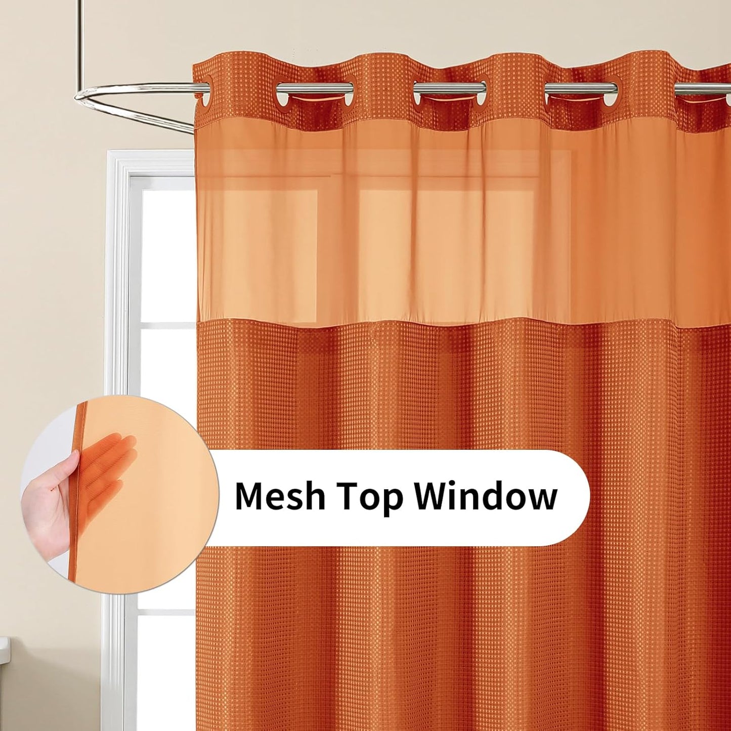 No Hook Shower Curtain with Snap in Fabric Liner, Waffle Weave Heavy Duty Thick Shower Curtains with Mesh Top Window, Hotel Style Waterproof Bathroom Curtain Set, 72 x 75 Inch, Burnt Orange
