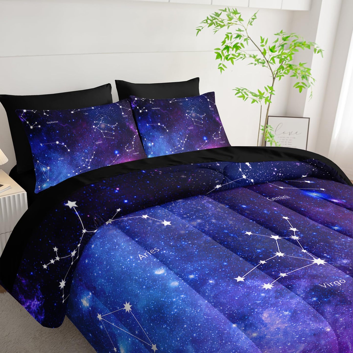 7pc Space Comforter Set - Galaxy Bedding, Starry Night Bed in a Bag, Includes Sheets, Soft Microfiber, All Season, Queen Size