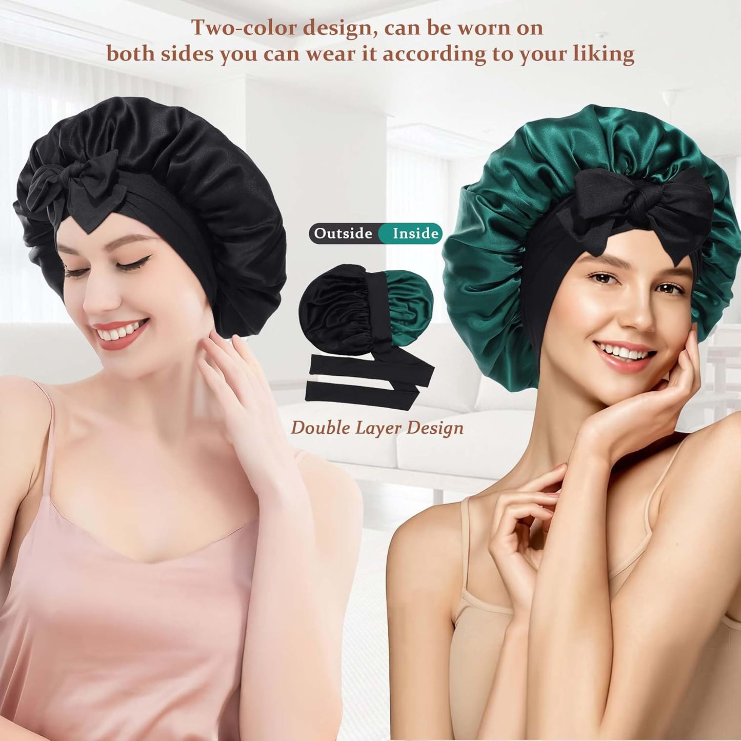 100% Mulberry Silk Bonnet for Sleeping Women Double Layer Silk Hair Bonnet Natural Silk Sleep Cap with Elastic Reversible Hair Wrap (Black+Green)
