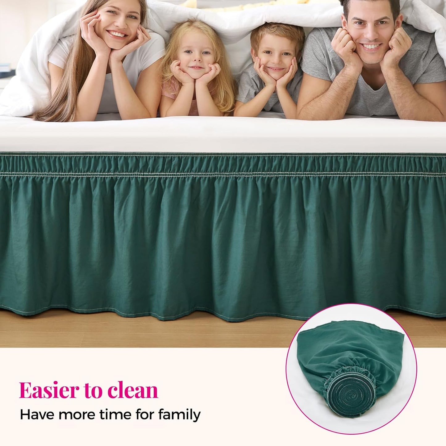 RIMELA Emerald Green Bed Skirt Queen Size 15 Inch Drop, Wrap Around Elastic Bedskirt, Dust Ruffle for Adjustable Bed Base Machine Washable Easy to Install Bed Skirts