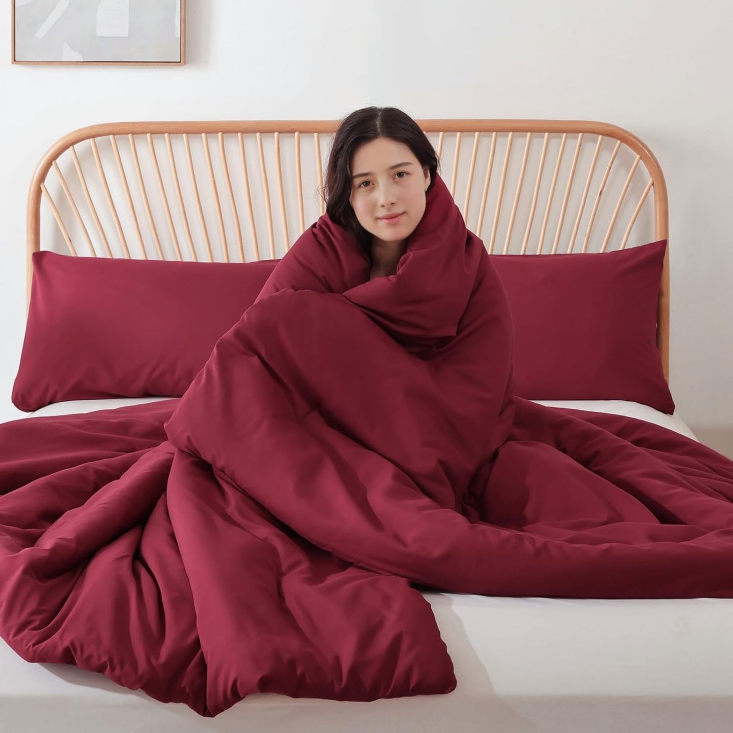 ROSGONIA Oversized King Comforter Dark Red, 3pcs (1 Boho Red Comforter & 2 Pillowcases) Lightweight Oversized King Size Comforter Sets Bedding Blanket
