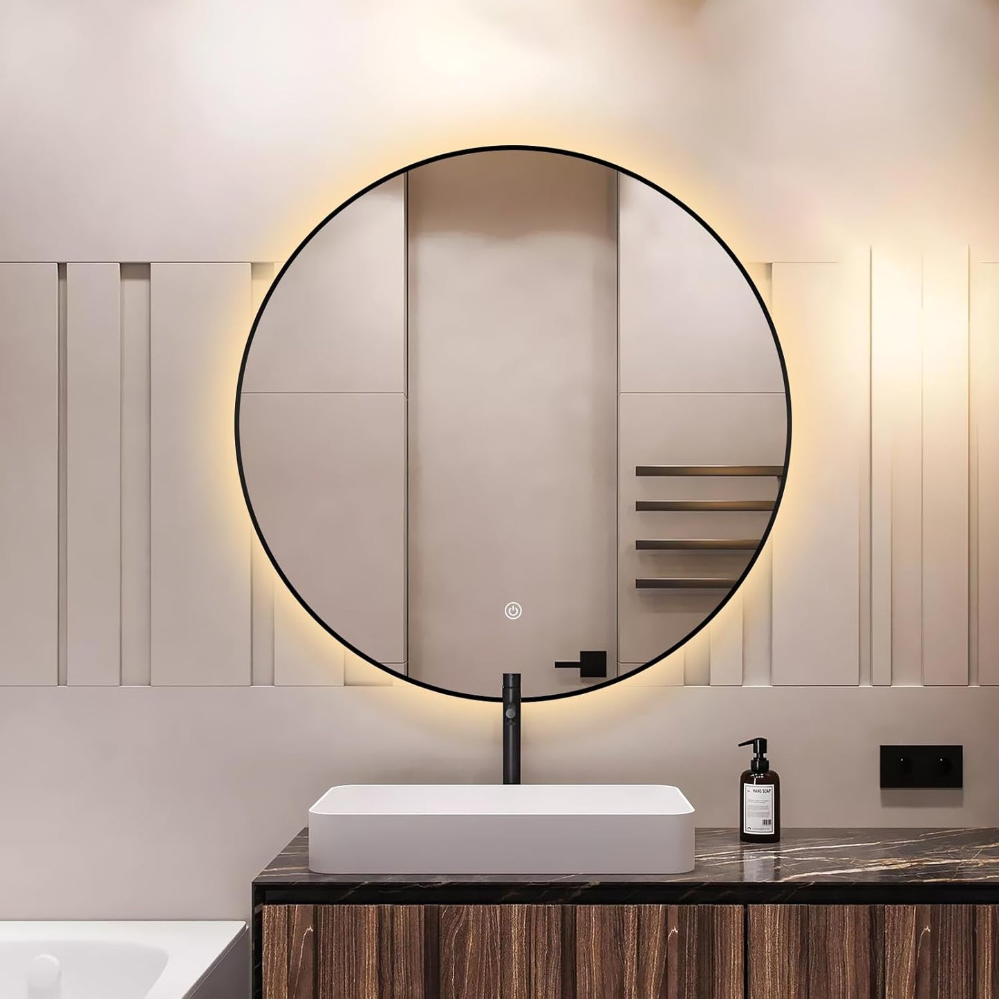 Niccy 30" LED Backlit Round Mirror for Bathroom, Black Framed Vanity Light Wall Mirror LED Smart Circle Mirrors with 3 Lighting Colors, Dimmable Lighted Mirror with Anti-Fog, IP65 Waterproof