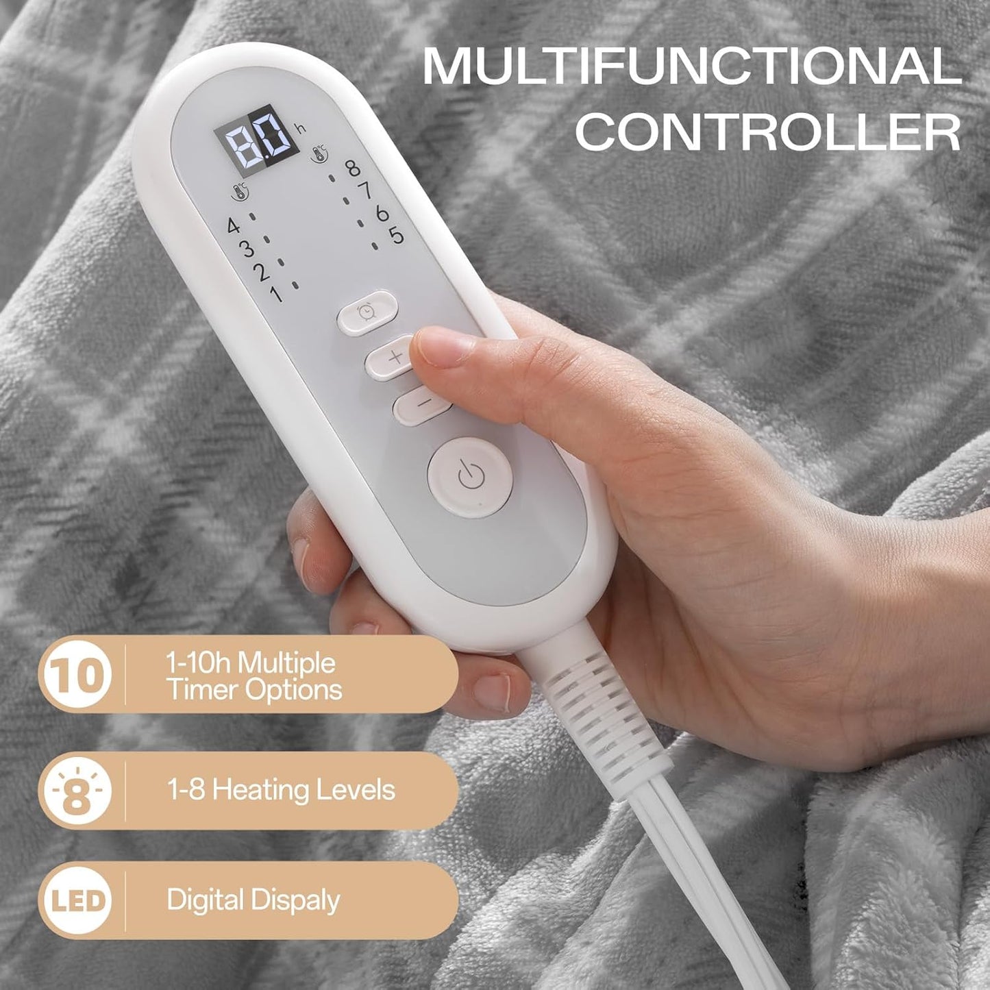 Heated Blanket Electric Twin, Heating Blanket with 8 Fast Heating Levels & 10 Hours Auto Shut-Off, Grey White Plaid Washable Warm Soft Flannel Blanket Gift for Couch Bed Office, ETL Certified