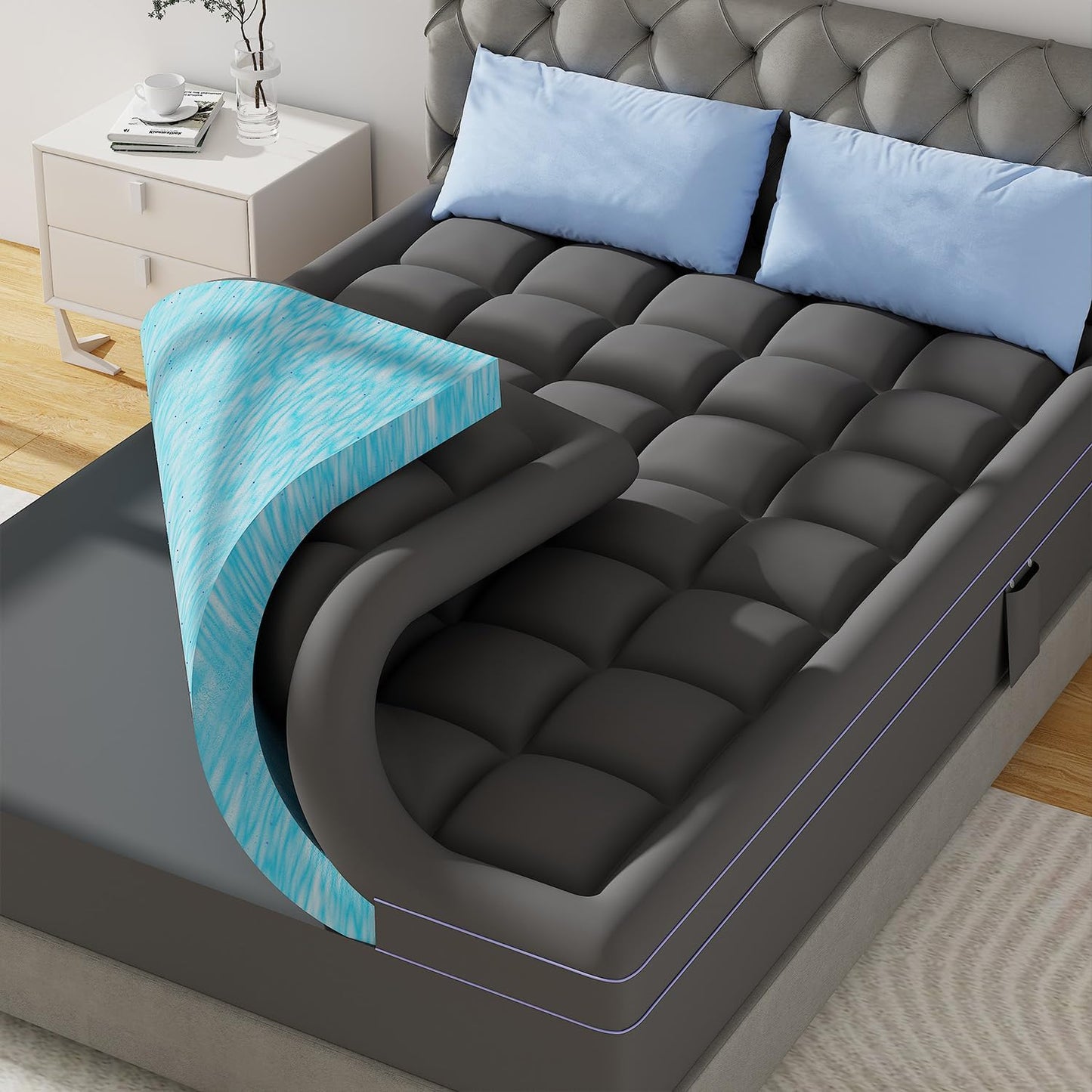 ABENE 3 Inch Dual Layer Twin XL Memory Foam Mattress Topper, 2 Inch Memory Foam Plus 1 Inch Down Alternative Pillowtop Mattress Pad with Deep Pocket, Soft Support for Pressure Relief, Gray