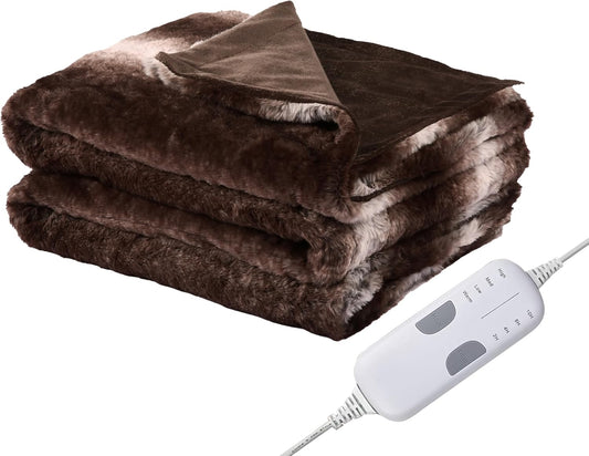 Electric Heated Blanket Throw Size 50" x 60", Super Cozy Warmth Soft with 4 Heating Levels & 4 Hours Auto Off, Plush Faux Fur, Machine Washable, Home Office Use, Brown White