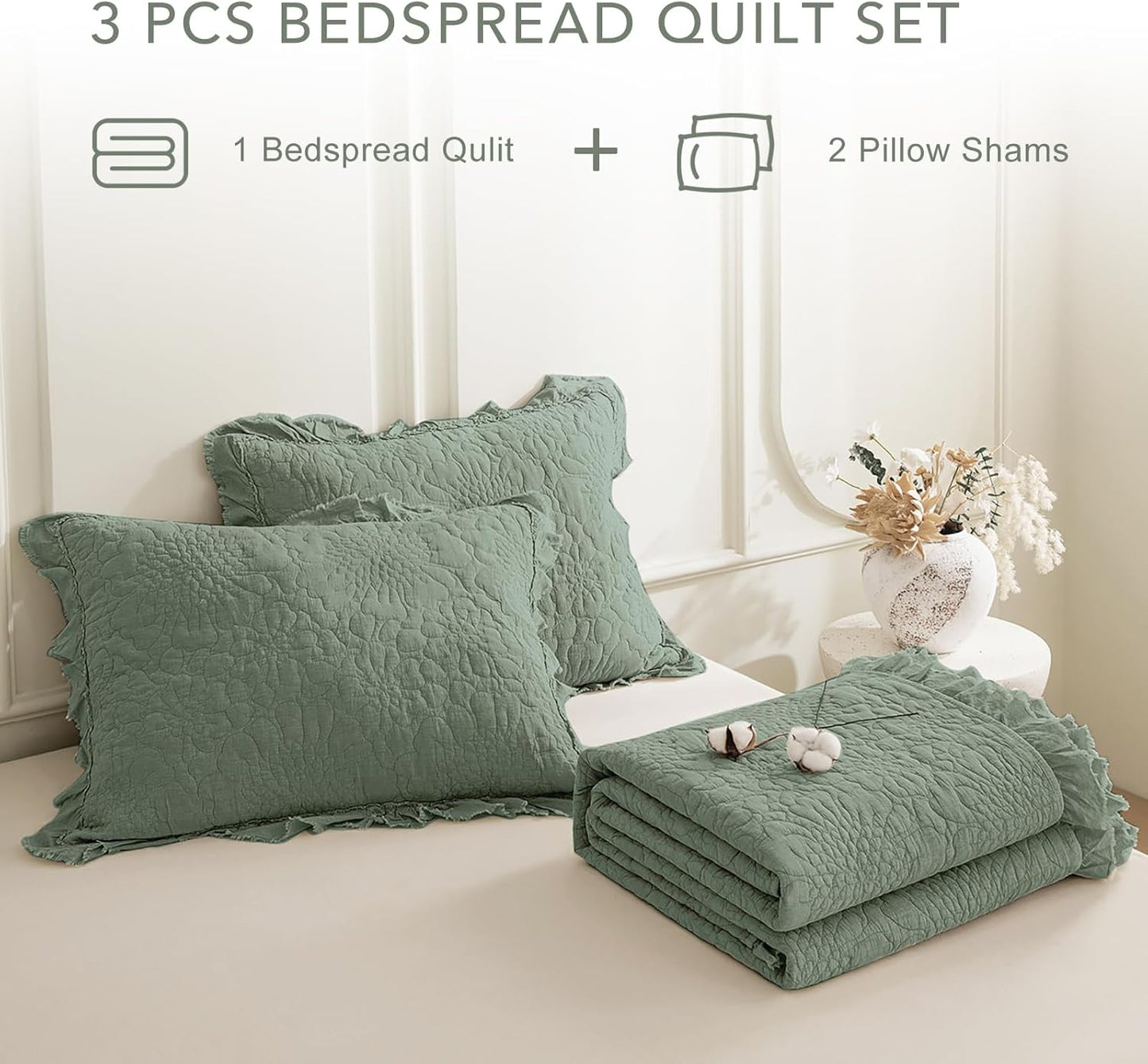 QSH Olive Green Stonewashed Cotton Oversized King Quilt Bedspread Set(128"x120"),3PCs Farmhouse Ruffled Bedspread California King,Ultra Soft Lightweight Crinkled Quilt Coverlet Set with Pillow Shams