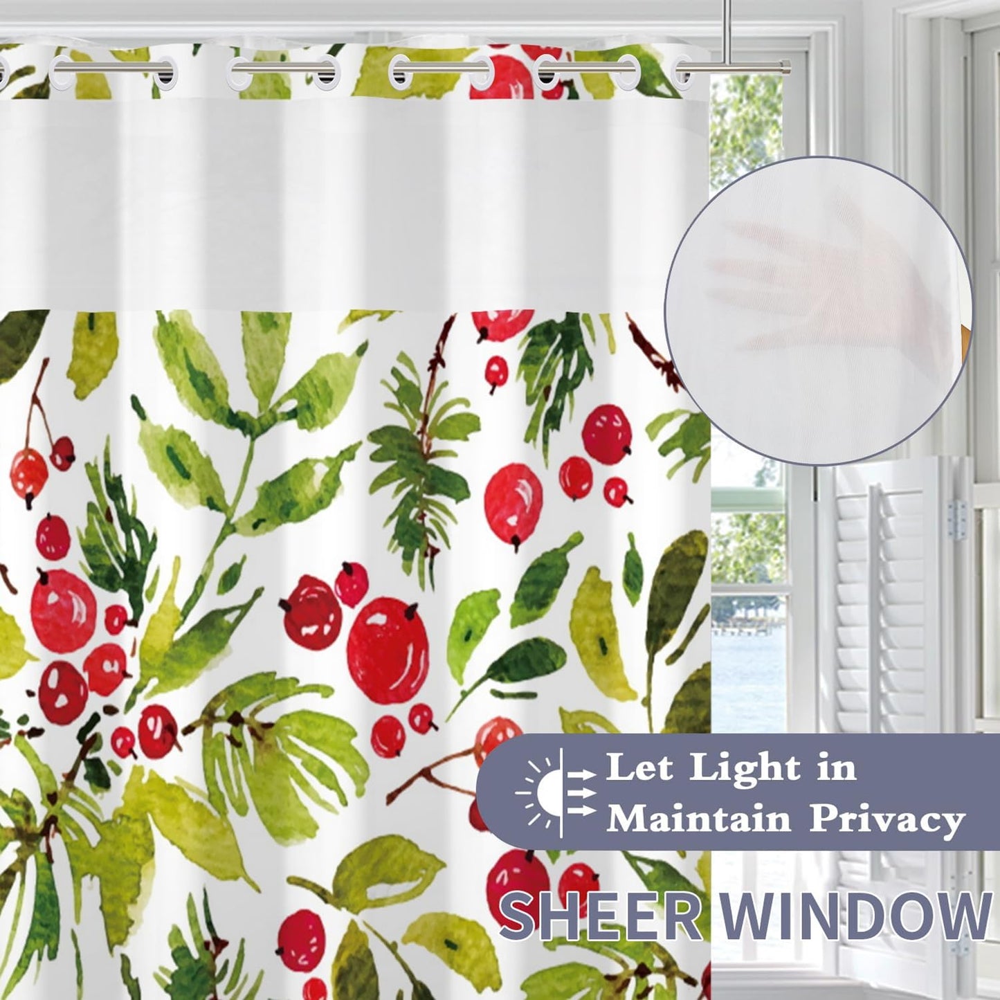 Floral Shower Curtain No Hooks with Snap-in Liner,Botanical Shower Curtains,Watercolor Fabric Holly Berry Shower Curtain Set,with See Through Top Window for Bathroom Decor,71 x 74 Inch