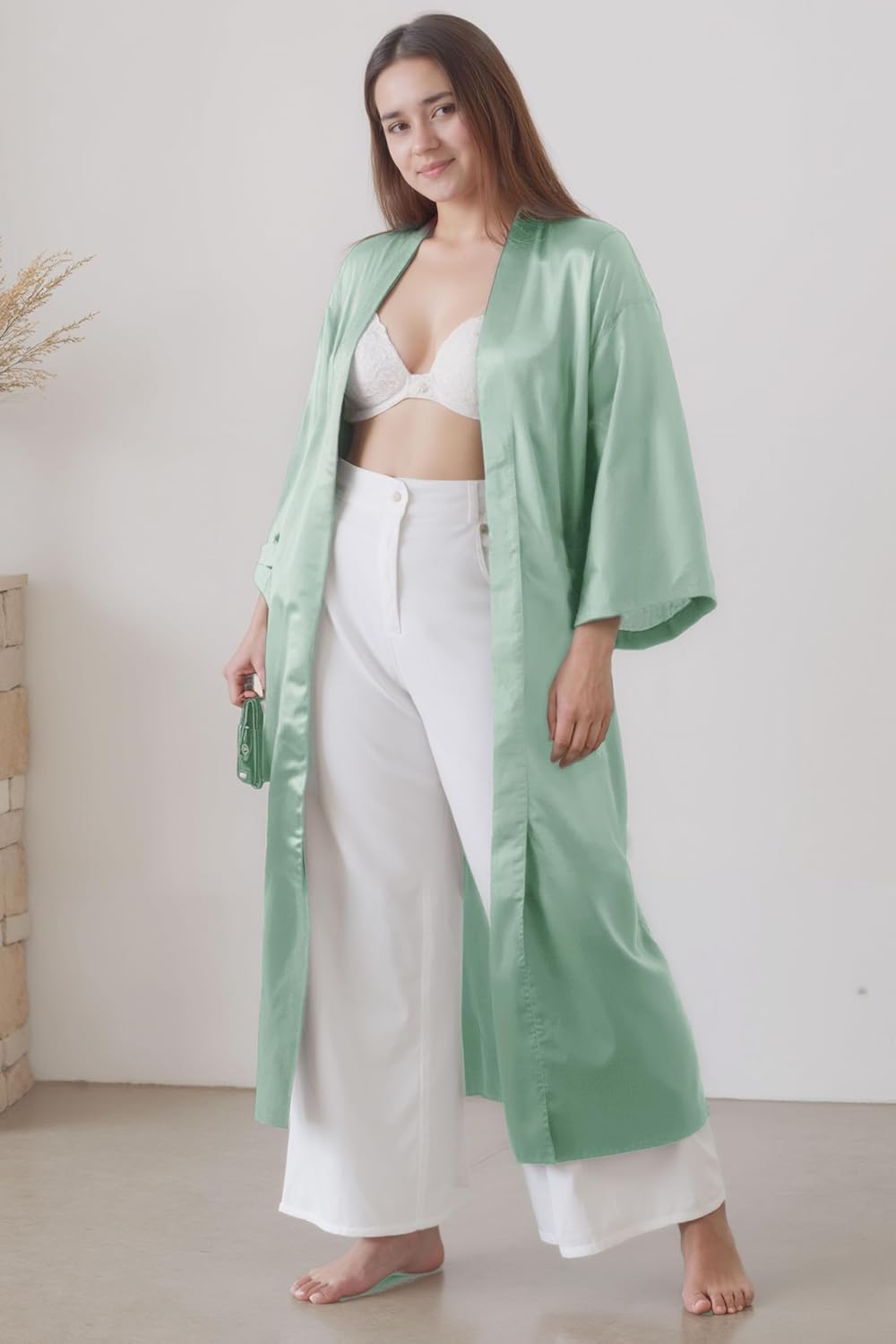 PRODESIGN Satin Kimono Robe Women Long Silky Kimono Bathrobe Sleepwear Wedding Bridesmaid Robe