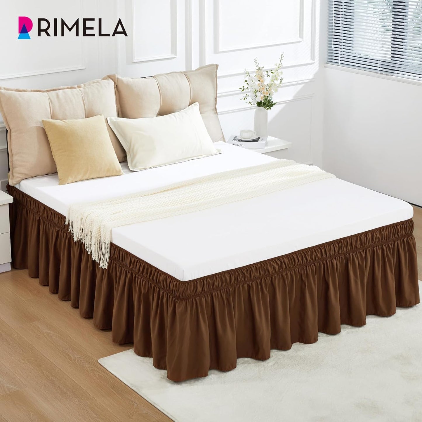 RIMELA Bed Skirt Queen Size 15 Inch Drop, Elastic Bed Skirting for Bed Base and Frame, Bedding Dust Ruffle Easy to Install, Wrap Around Adjustable Bedskirt, Chocolate Brown