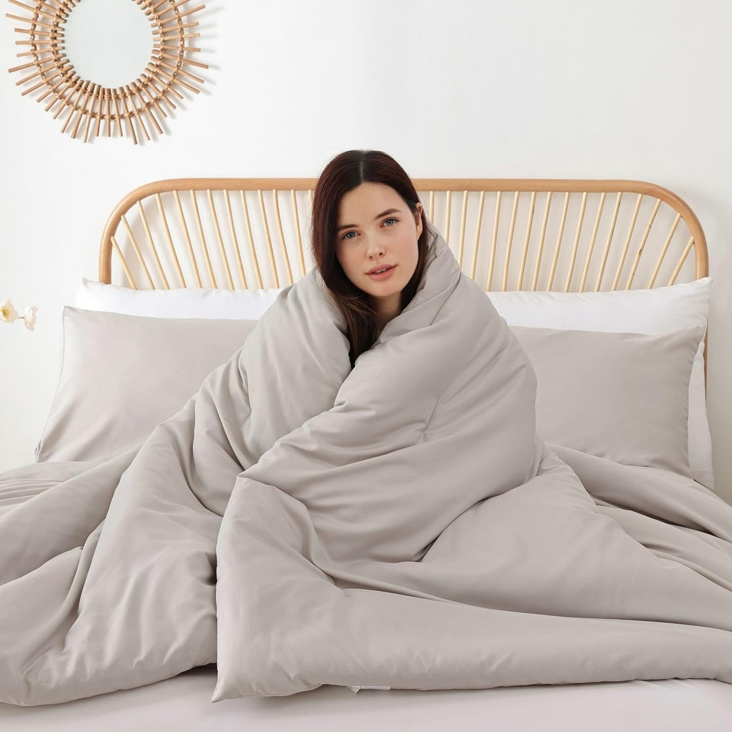 ROSGONIA King Size Comforter Set Linen Grey, 3pcs(1 Boho Comforter & 2 Pillowcases) Soft Lightweight Bedding Blanket All Season Bedspreads Quilt