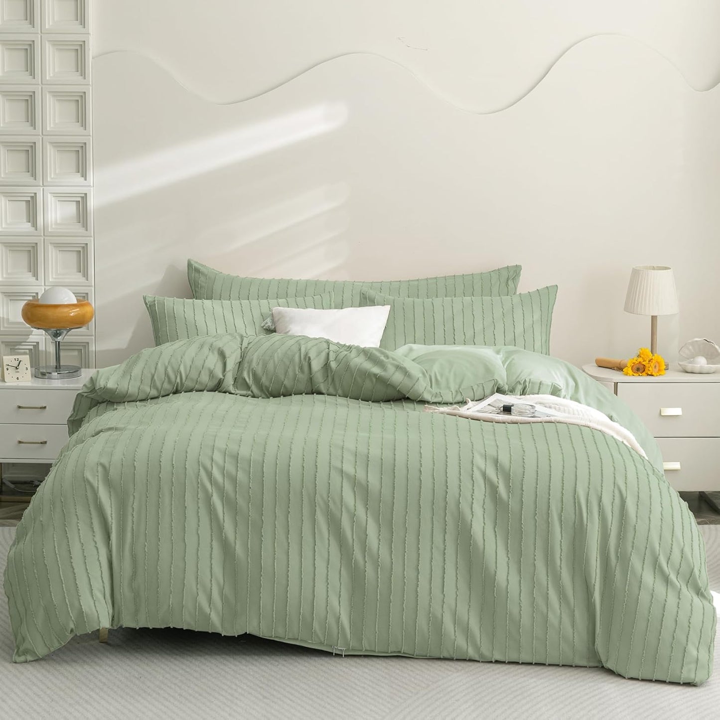 JELLYMONI Duvet Cover Twin Size Light Green - 3PCS Boho Striped Duvet Cover Set Polyester Tufted Bohemian Textured Comforter Cover 68×90in with Corner Ties & Zipper and 2 Pillowcases