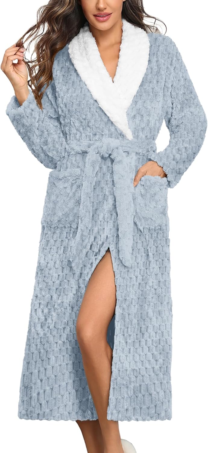 Ekouaer Women's Robe Long Plush Soft Bathrobe Jacquard Color Block Robes Shawl Collar Sleepwear with Pockets S-XXL