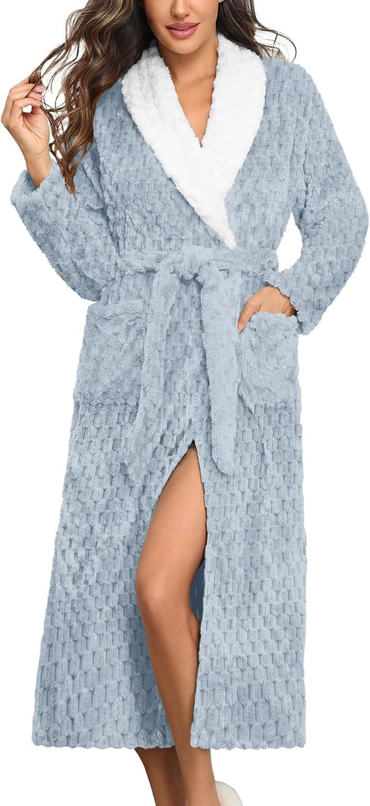 Ekouaer Women's Robe Long Plush Soft Bathrobe Jacquard Color Block Robes Shawl Collar Sleepwear with Pockets S-XXL