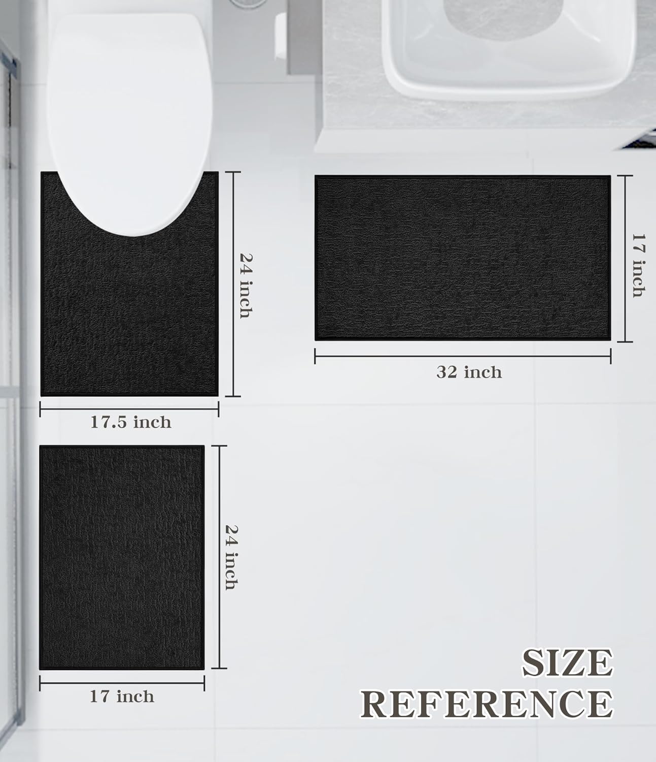 Chakme Bathroom Rug Sets 3 Piece, Ultra Thin Bath Mat Quick Dry, Absorbent, Non Slip, Machine Washable, Black