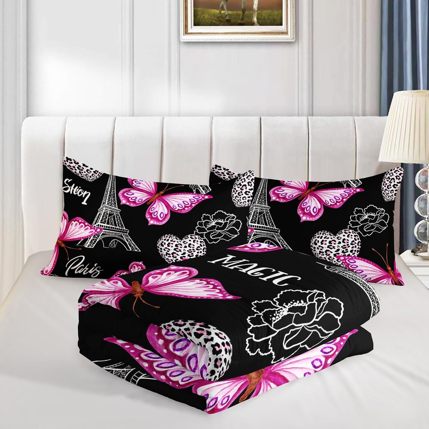 Pink Butterfly Comforter Twin Bedding Sets for Girls, Eiffel Tower Leopard Heart Pattern Bedding Sets with 2 Pillowcases,Aesthetic Bedding for Women Girls Bedroom Paris Decor.